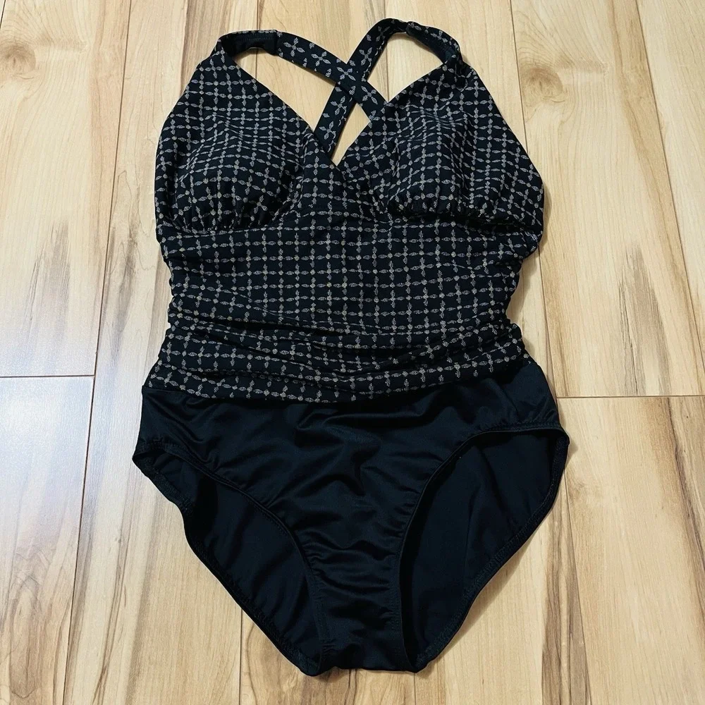 Lands End One Piece Tugless Swimsuit Tummy Control Ruching Sz 10 Black Geometric